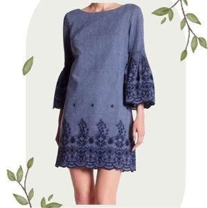 Eliza J Blue Chambray Embroidered Bell Sleeve Casual Mini Dress- Size 4